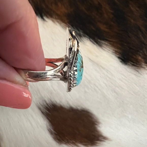 ❤️ Kingman Turquoise Statement Sterling Navajo Style Feather Leaf Ring Sz 7.5 - Picture 9 of 16